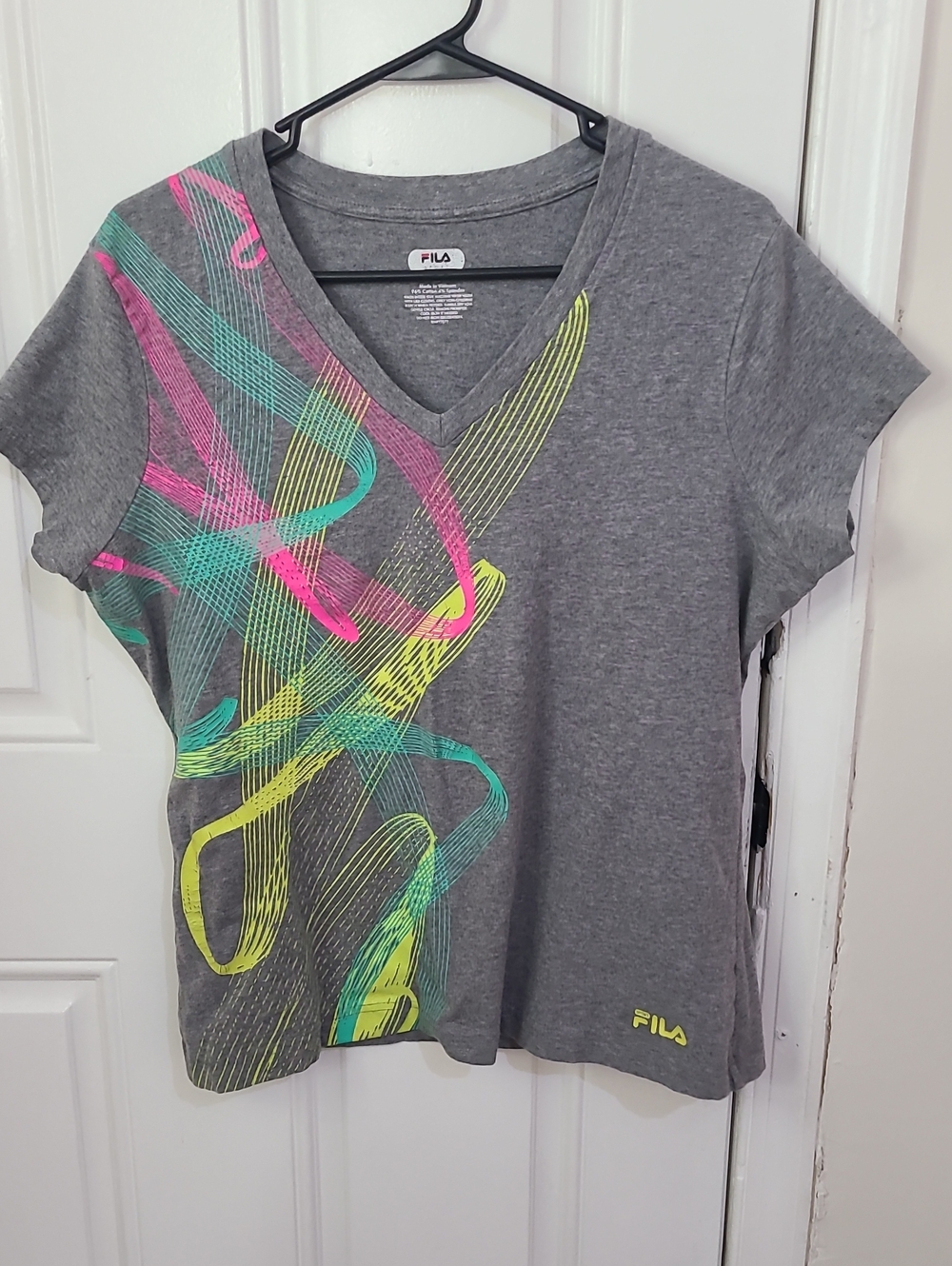 FILA Gray V-Neck Tee with Neon Pink, Teal & Yellow Graphic